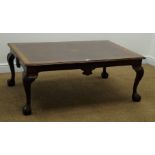 Georgian style figured walnut coffee table, shell carved cabriole ball and claw feet, 120cm x 82cm,