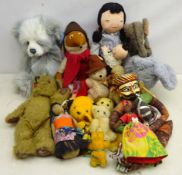 Wombles Orinoco soft toy, Chad Valley elephant, Paddington Bear, Happy Child toys Sooty hand puppet,