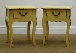 Pair small French style distressed painted wood stands shaped top, single drawer, W35cm, H45cm,