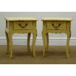 Pair small French style distressed painted wood stands shaped top, single drawer, W35cm, H45cm,