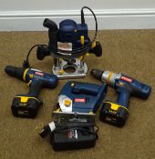 A quantity of power tools comprising of two Ryobi cordless drills and one cordless Ryobi jigsaw