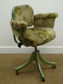 Mid 20th century metal framed office swivel chair, upholstered back, seat and arm, green finish,