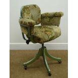 Mid 20th century metal framed office swivel chair, upholstered back, seat and arm, green finish,