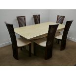 Travertine stone rectangular dining table, brass style supports on bridged feet (201cm x 100cm,