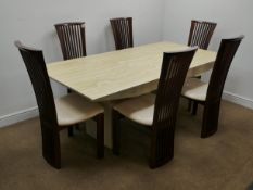Travertine stone rectangular dining table, brass style supports on bridged feet (201cm x 100cm,