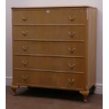 Regency style bleached walnut chest, moulded top, five drawers, cabriole feet, W91cm, H103cm,