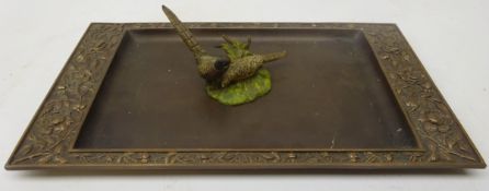 Cold painted bronze pheasant group on naturalistic base, H4.5cm x W9cm and cast bronze tray by A.