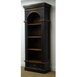 Edwardian style painted bookcase, moulded top, arched apeture, three shelves above single drawer,