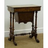Victorian inlaid figured walnut sewing table, hinged lid enclosing fitted lined interior,