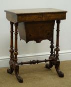 Victorian inlaid figured walnut sewing table, hinged lid enclosing fitted lined interior,