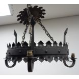 Two Elizabethan style wrought metal three branch hanging light fittings, H50cm, D60cm,