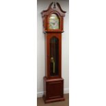 Westminster long case clock with brass Tempus Fugit arched dial, striking the half hours on rods,