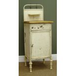 Early 20th century white finish metal bedside chest, raised back, pine top,