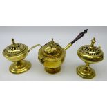19th century Eastern brass incense burner with turned handle and pierced hinged lid,