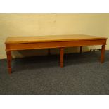 Large rectangular pine coffee table, moulded top, square tapering supports, spade feet,