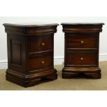 Pair mahogany bow fronted bedside chests, moulded top, single frieze drawer and two drawers,