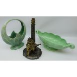 Art Deco bronzed spelter table lamp modelled as a Pierrot seated playing the Guitar on shaped oval