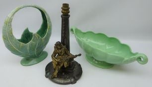 Art Deco bronzed spelter table lamp modelled as a Pierrot seated playing the Guitar on shaped oval