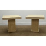 Pair square travertine lamp tables, square column support on flat base, 60cm x 60cm,