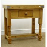 Pine butchers block, single drawer, turned supports, W83cm, H82cm,