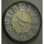 Large metal cased circular wall clock with gilt numeral, battery movement,