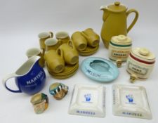 Denby 'Ode' coffee set for six, two Wade Port and Sherry barrels, Martell Brandy jug & two ashtrays,