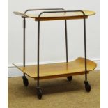 1960s teak ply two tier drinks trolley, W59cm,