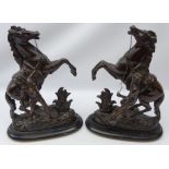Pair 19th century bronzed spelter Marly Horse sculptures after Guillaume Coustou on ebonised base,