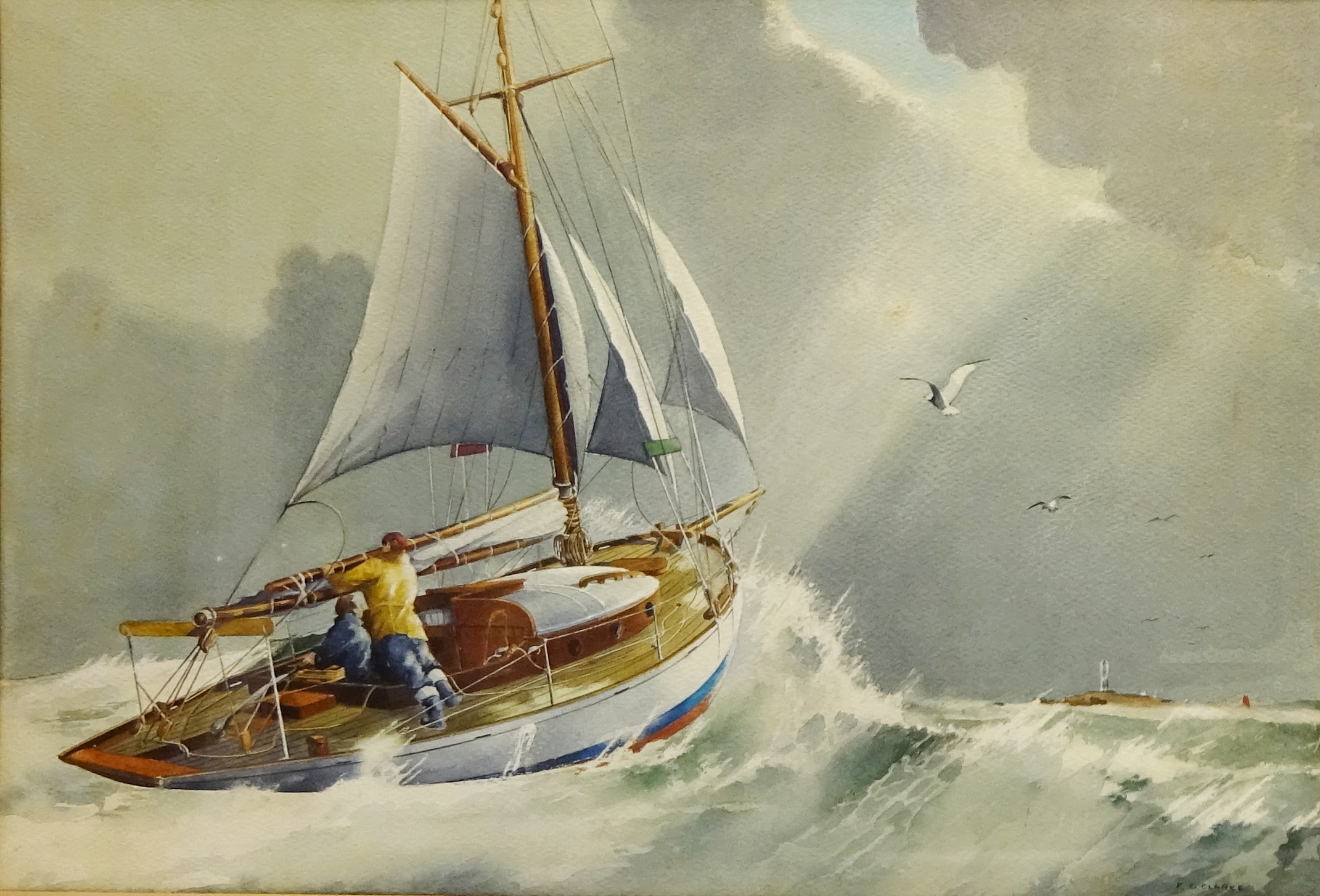'Yacht in heavy weather' watercolour signed by F C Clarke (Late 20th Century) 41cm x 61cm