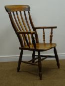 Victorian elm farmhouse chair, shaped cresting rail, turned supports and double 'H' stretcher,