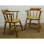 Pair beech smokers bow captains chairs, double 'H' stretchers,