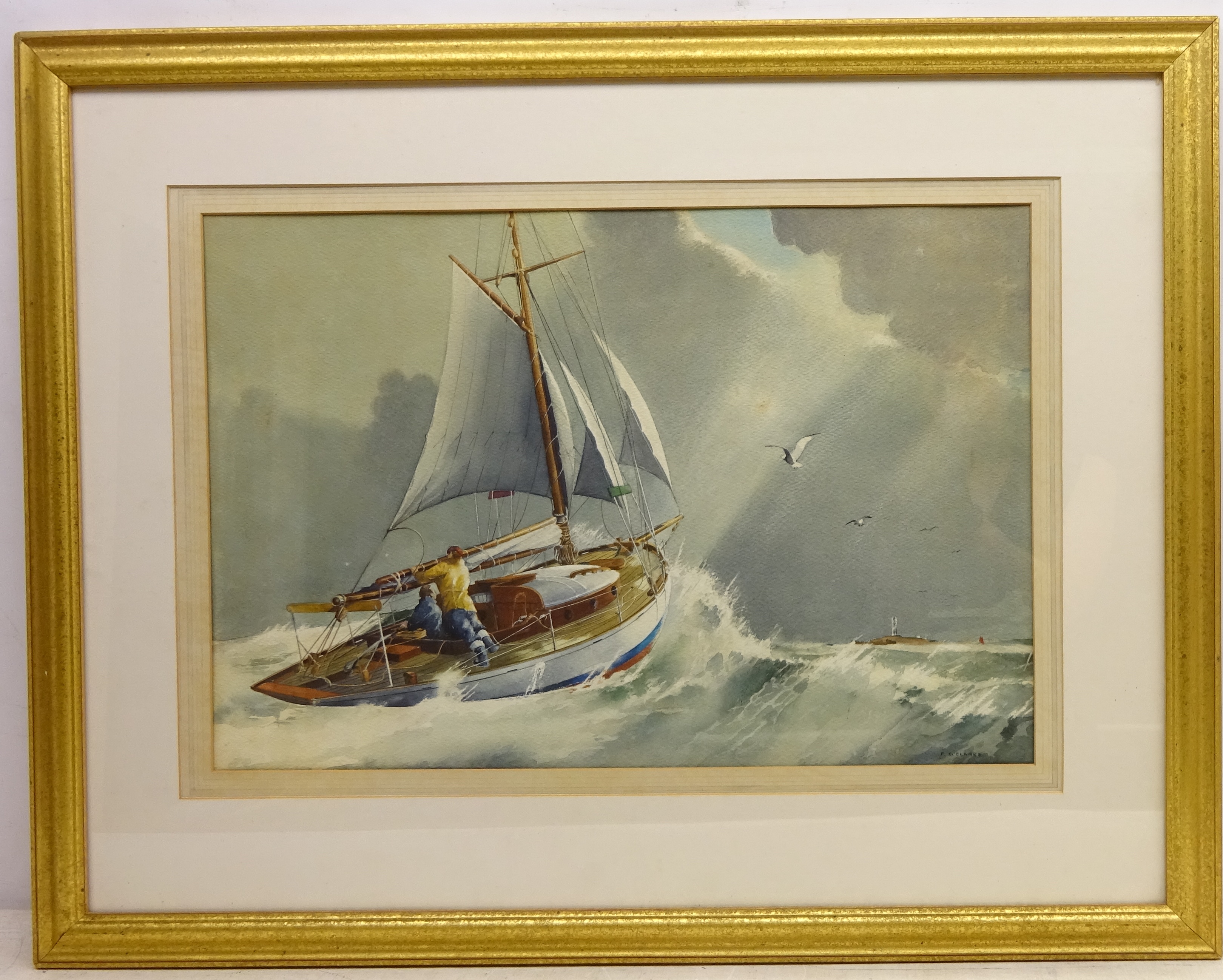 'Yacht in heavy weather' watercolour signed by F C Clarke (Late 20th Century) 41cm x 61cm - Image 2 of 2