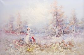 Lady and Child Walking in a Meadow Field, 20th century oil on canvas signed Dupont 59.
