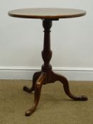 George III circular mahogany tripod table, single turned column, splayed supports, W57cm,