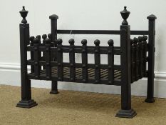 Cast iron dog grate, portcullis sides, front legs with finials and step base, W56cm, H45cm,