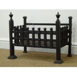 Cast iron dog grate, portcullis sides, front legs with finials and step base, W56cm, H45cm,