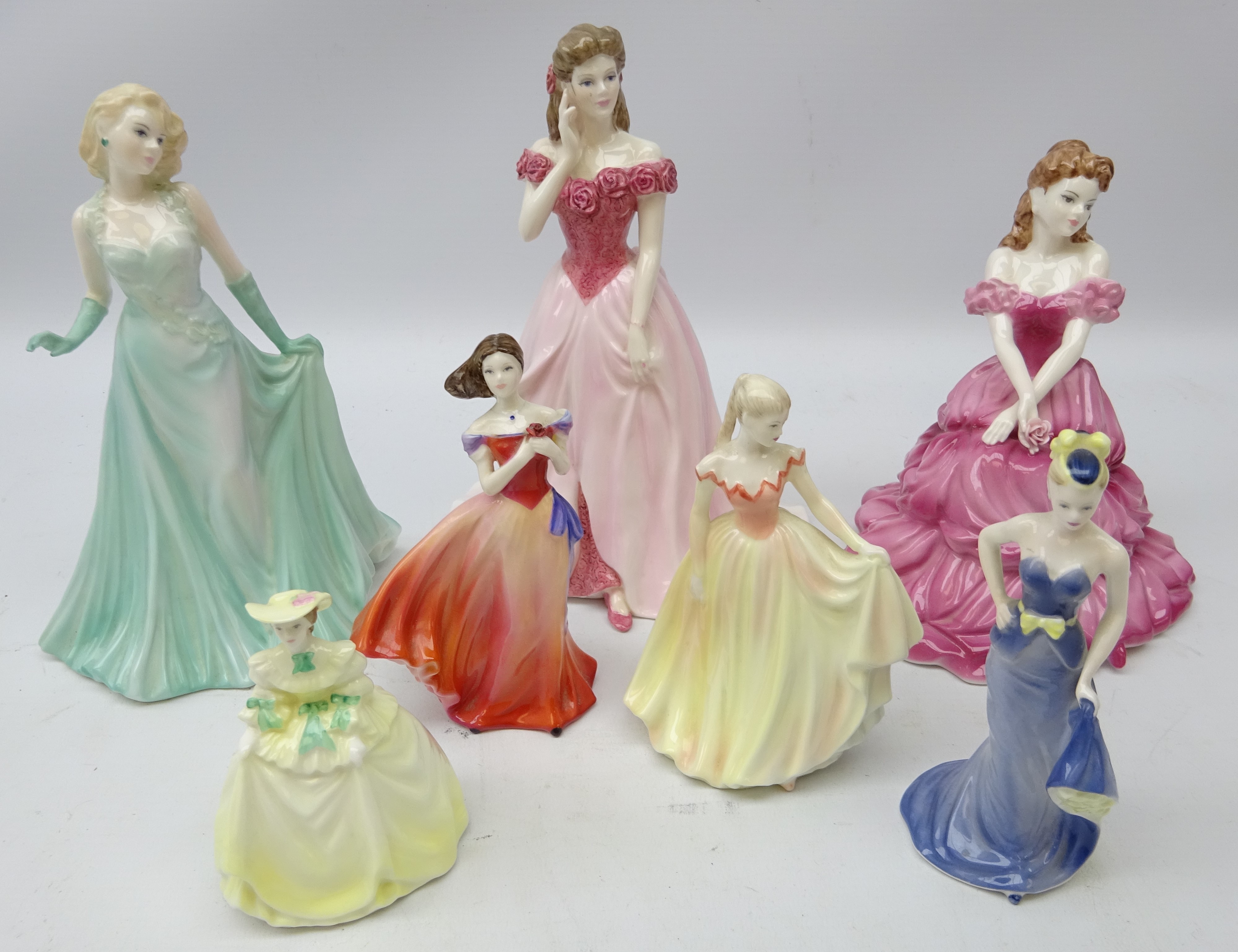 Seven Coalport figures, The Collingwood Collection 'Mary' & 'Claire', Figurine of the Year 'Sarah',