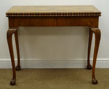 19th century figured walnut card table, egg and dart detailing, green baise inside,