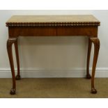 19th century figured walnut card table, egg and dart detailing, green baise inside,