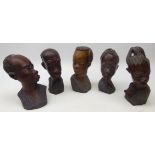 Five African Hardwood bust, male and female,