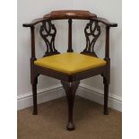 19th century mahogany corner chair, shaped cresting rail, pierced splat, drop in upholstered seat,
