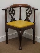 19th century mahogany corner chair, shaped cresting rail, pierced splat, drop in upholstered seat,