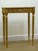 Gilt console table with rectangular marble top, decorated with cherubs and fruit swags,