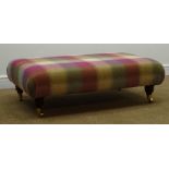 Large rectangular stool, upholstered in a tartan fabric, turned supports on castors, W105cm, H35cm,