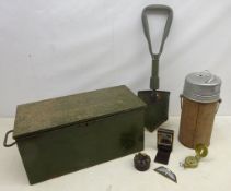 Ammunition metal box containing Eagle thermos, compass, clock,