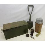 Ammunition metal box containing Eagle thermos, compass, clock,