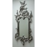 Ornate silver finish mirror with carved bird, W62cm,