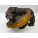 Black Forest style carved wooden Bear with Salmon,