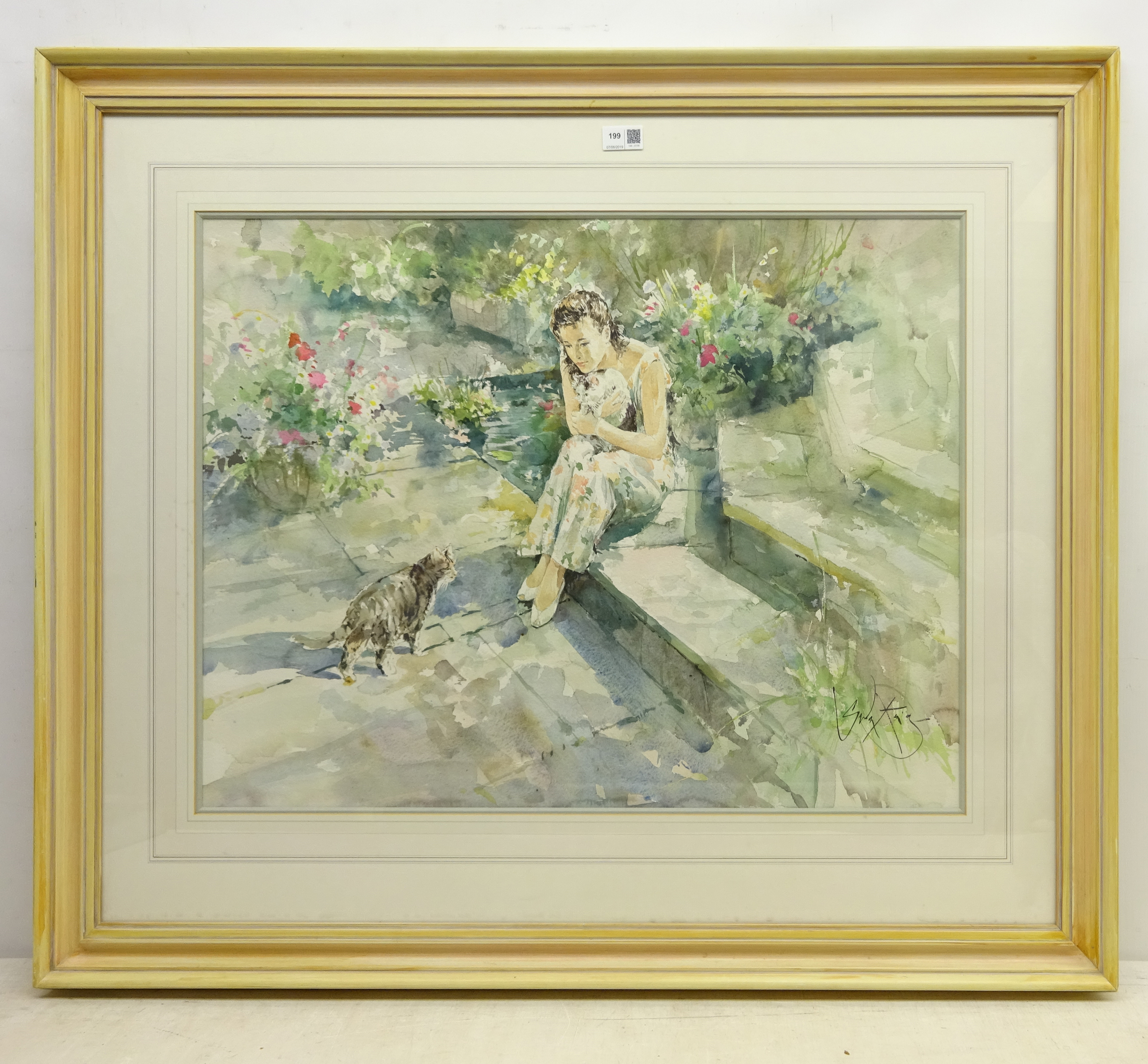 Young Woman with Cats in a Garden, - Image 2 of 2