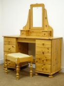 Pine kneehole dressing table, eight drawers on bun feet (W127c,.